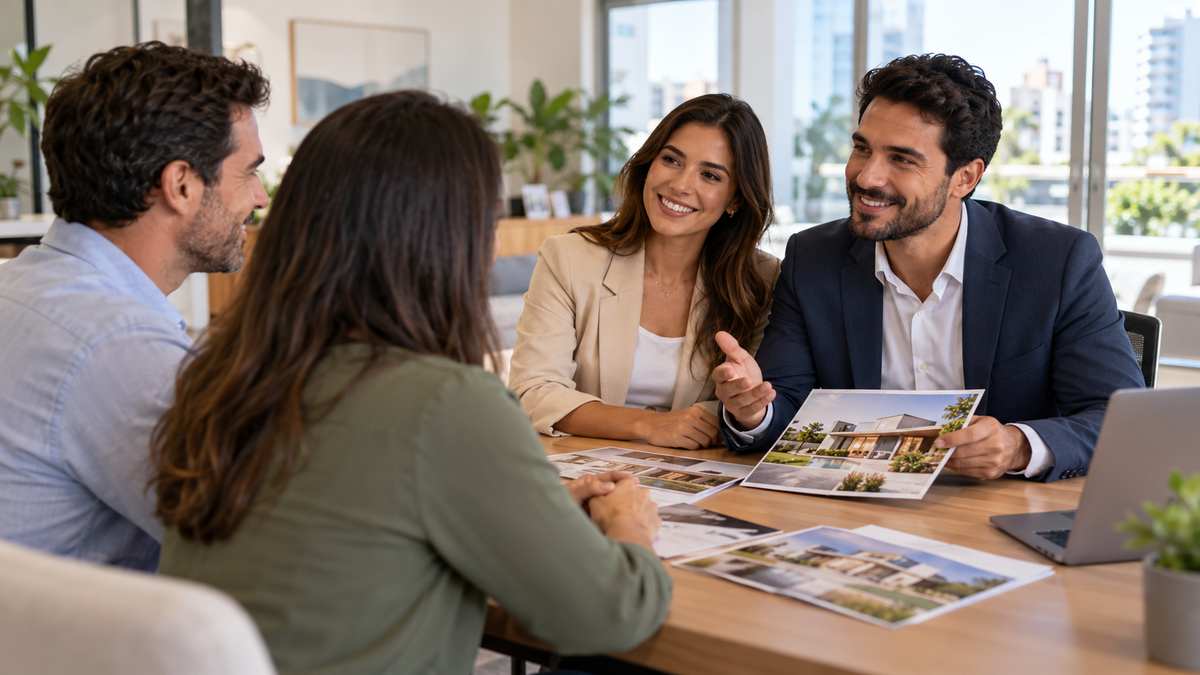 Equipe profissional de imobiliárias conversando e organizando uma oportunidade comercial.