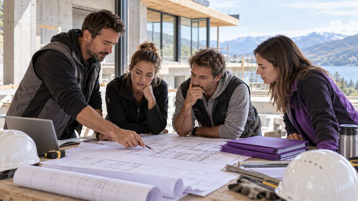 Equipe profissional de construtoras conversando e organizando uma oportunidade comercial.
