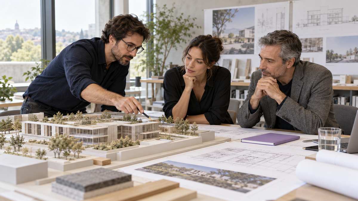 Equipe profissional de empresas de arquitetura conversando e organizando uma oportunidade comercial.