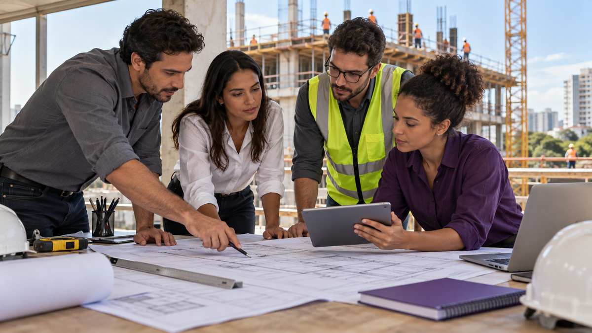 Equipe profissional de empresas de engenharia conversando e organizando uma oportunidade comercial.