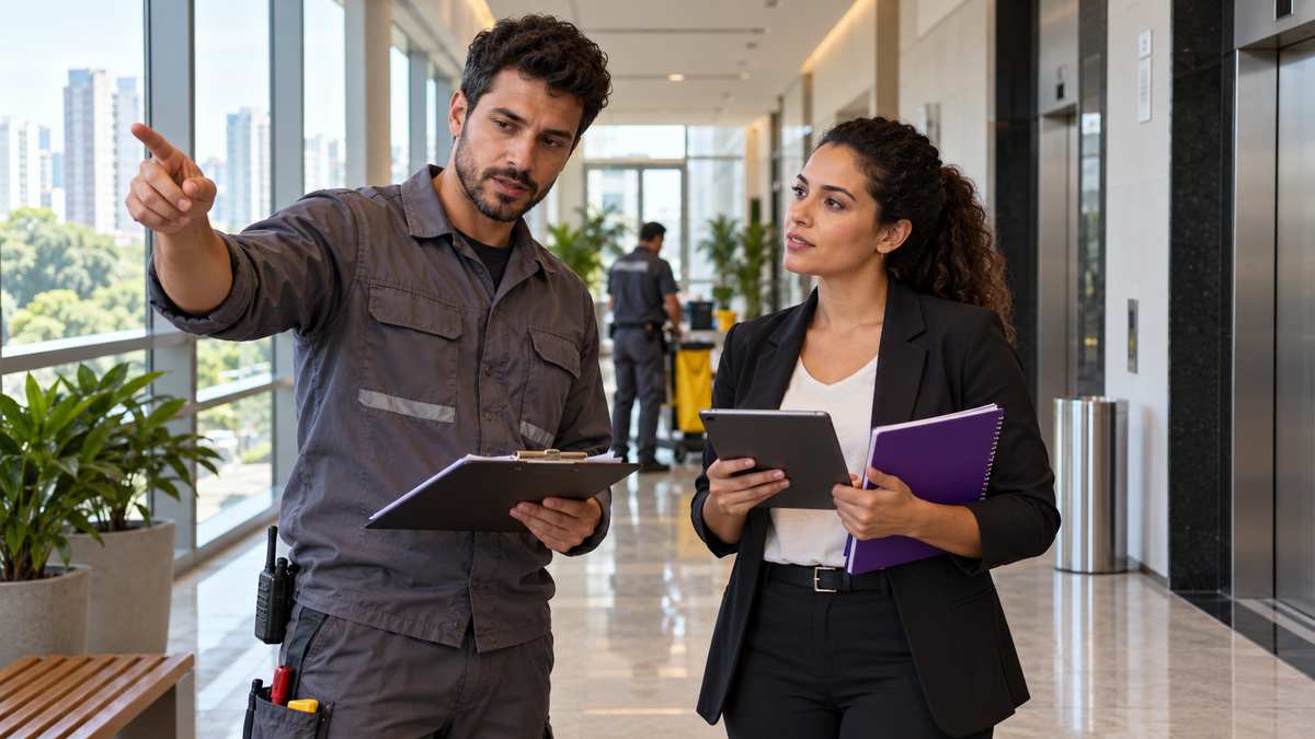 Equipe profissional de empresas de manutenção predial conversando e organizando uma oportunidade comercial.