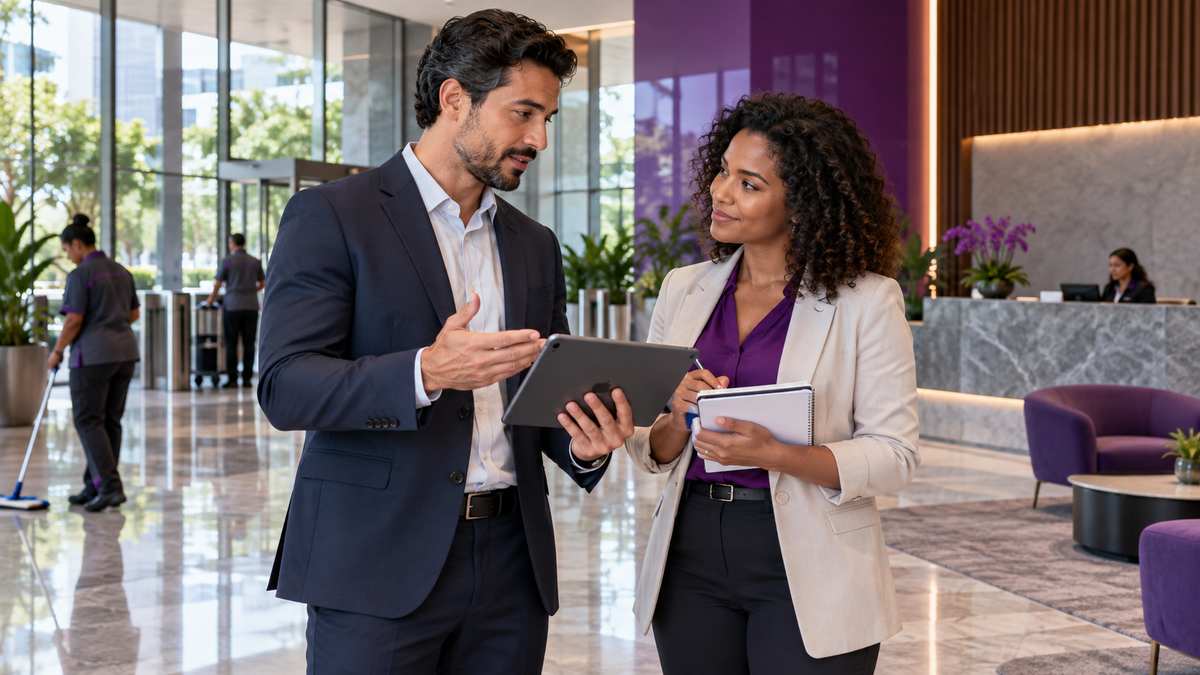 Equipe profissional de empresas de facilities conversando e organizando uma oportunidade comercial.