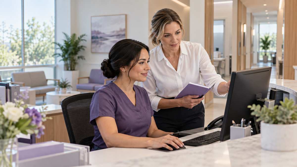 Equipe profissional de clínicas e consultórios conversando e organizando uma oportunidade comercial.