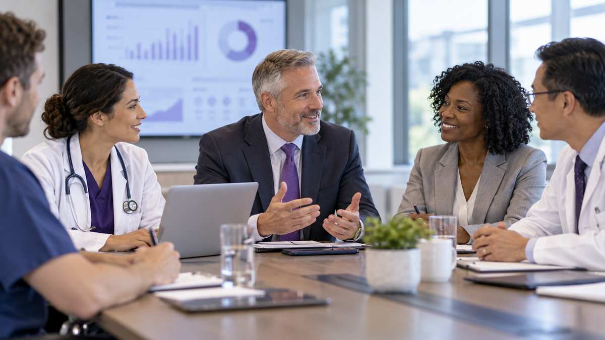 Equipe profissional de hospitais conversando e organizando uma oportunidade comercial.