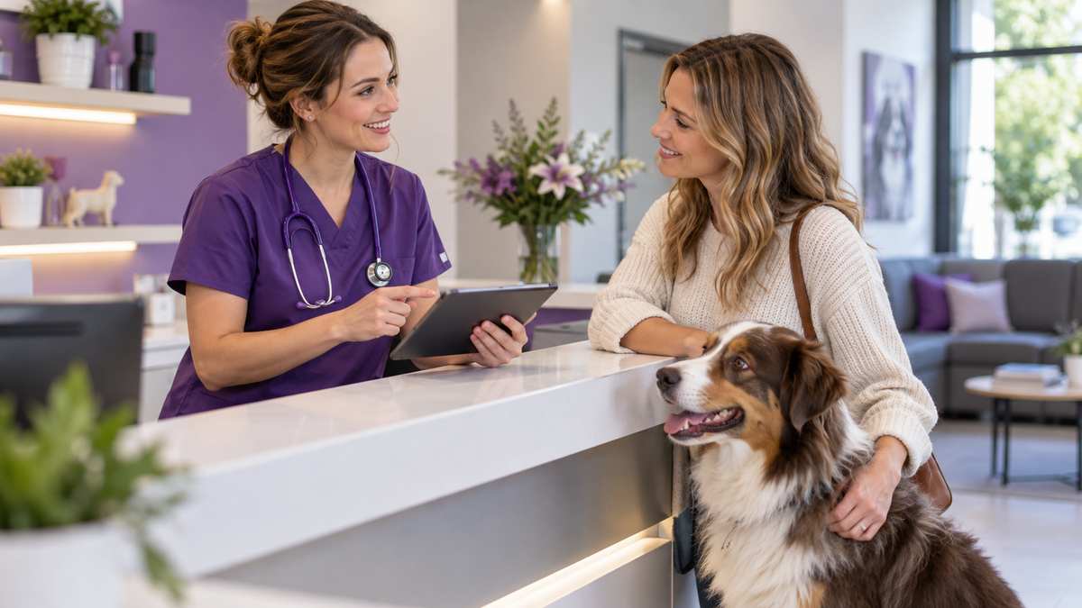Equipe profissional de clínicas veterinárias conversando e organizando uma oportunidade comercial.