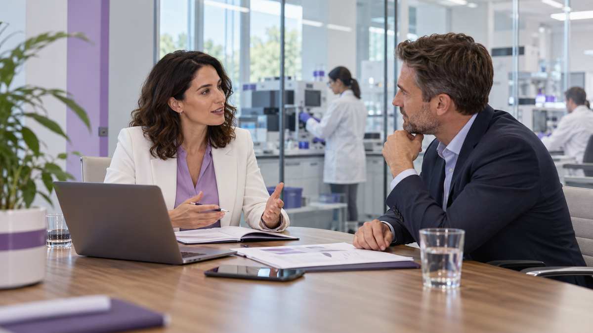 Equipe profissional de laboratórios de análises clínicas conversando e organizando uma oportunidade comercial.