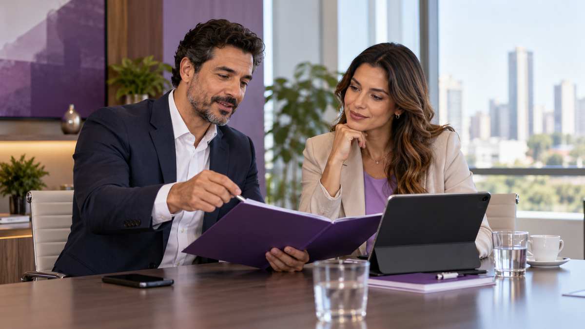 Equipe profissional de operadoras de planos de saúde conversando e organizando uma oportunidade comercial.