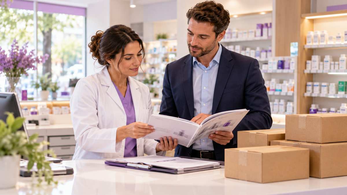 Equipe profissional de farmácias conversando e organizando uma oportunidade comercial.
