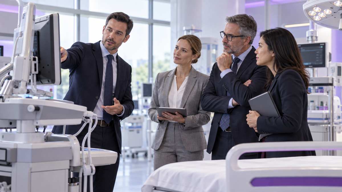 Equipe profissional de fornecedores de equipamentos médicos conversando e organizando uma oportunidade comercial.