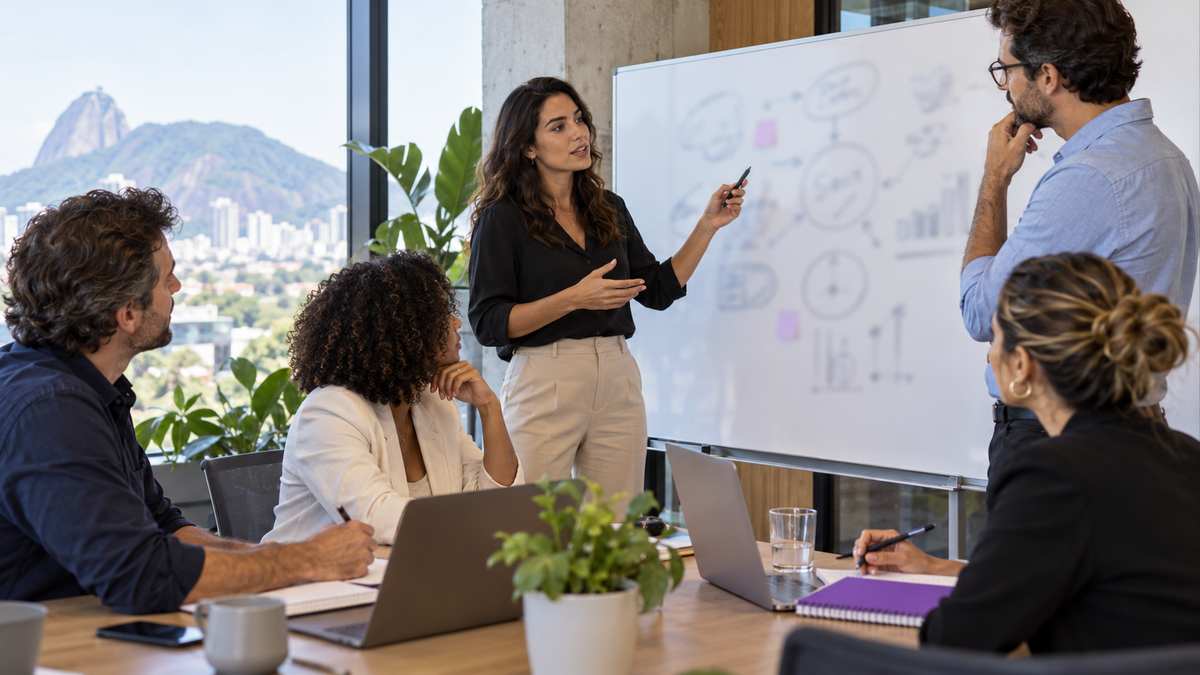 Equipe profissional de consultorias empresariais conversando e organizando uma oportunidade comercial.