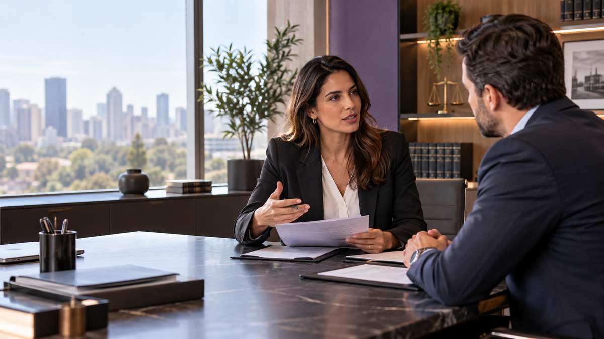 Equipe profissional de escritórios de advocacia conversando e organizando uma oportunidade comercial.