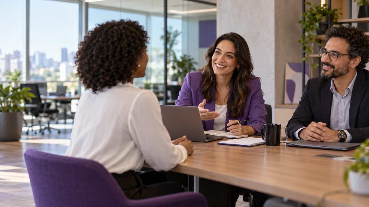 Equipe profissional de empresas de recrutamento e seleção conversando e organizando uma oportunidade comercial.