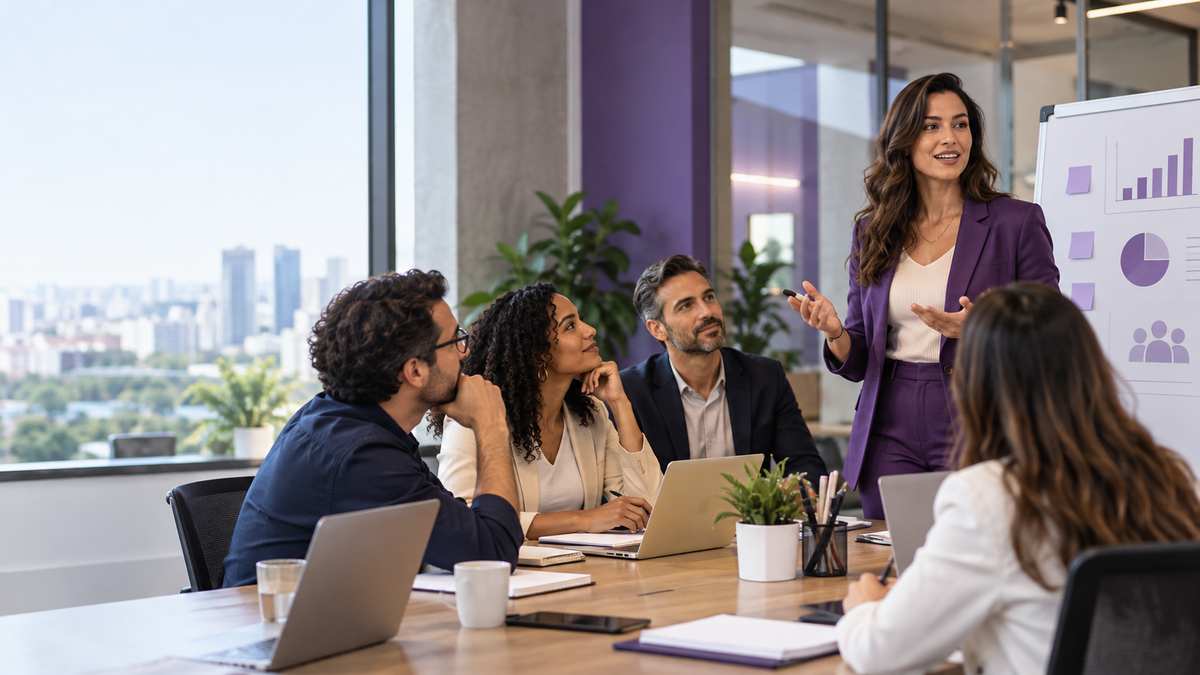 Equipe profissional de consultorias de recursos humanos conversando e organizando uma oportunidade comercial.