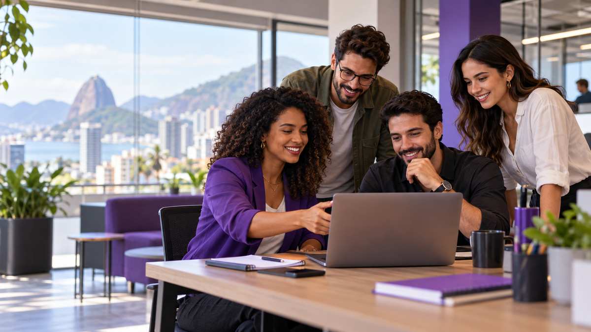Equipe profissional de empresas de software B2B conversando e organizando uma oportunidade comercial.
