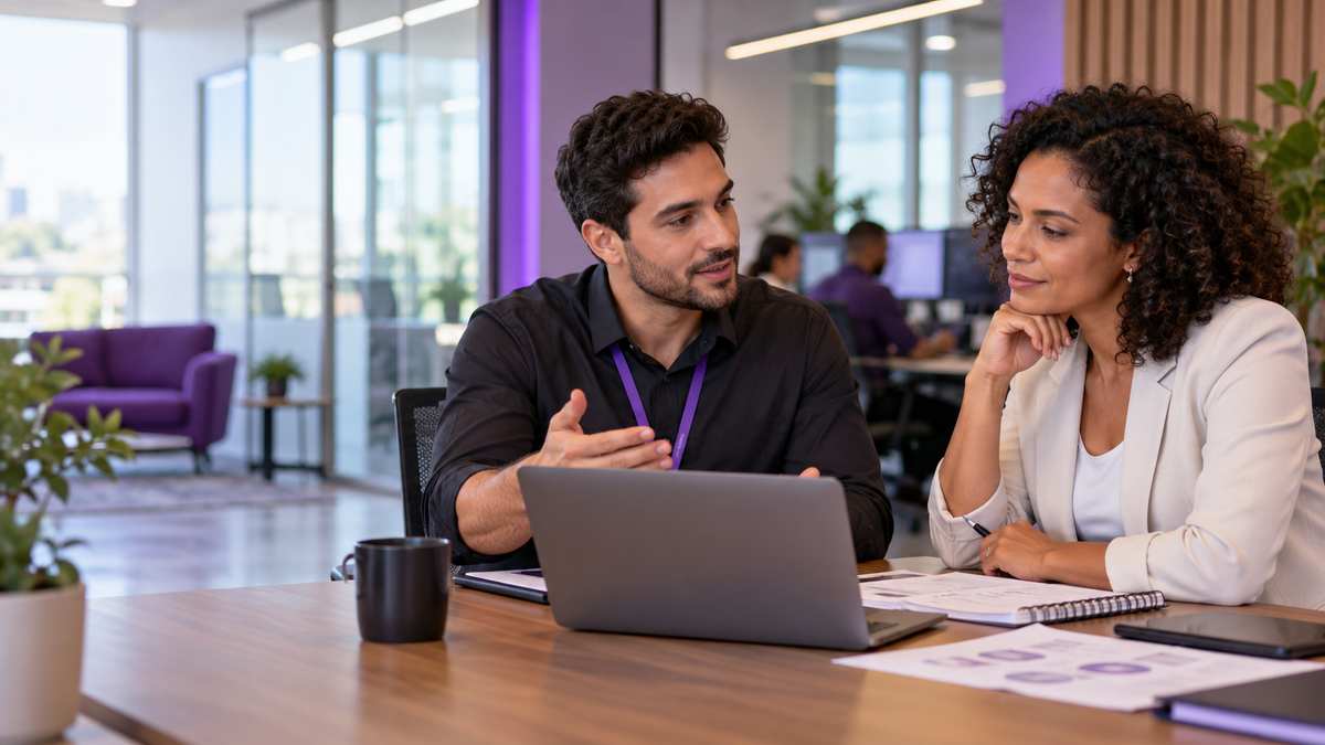 Equipe profissional de prestadores de serviços de TI conversando e organizando uma oportunidade comercial.
