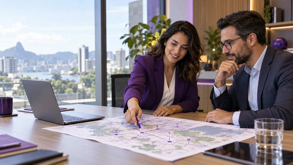 Equipe profissional de empresas de telecomunicações conversando e organizando uma oportunidade comercial.