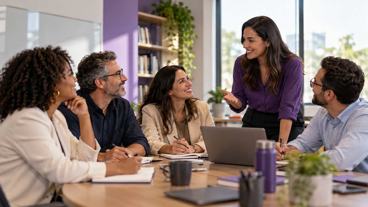 Equipe profissional de empresas de tecnologia educacional conversando e organizando uma oportunidade comercial.