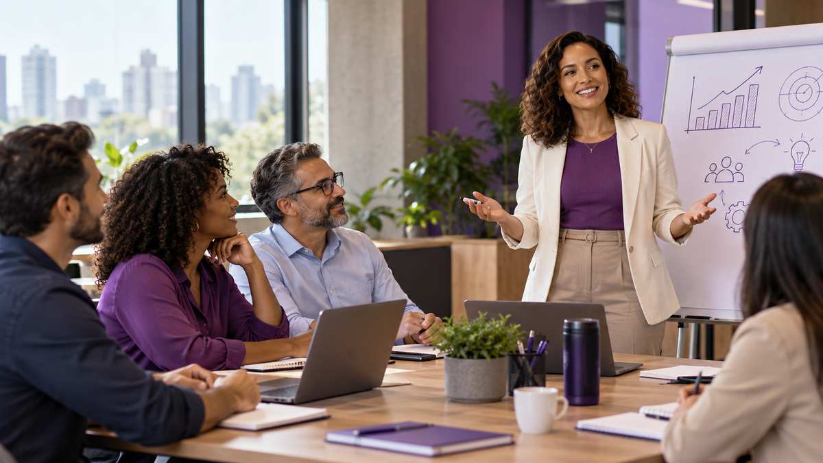 Equipe profissional de empresas de treinamento corporativo conversando e organizando uma oportunidade comercial.