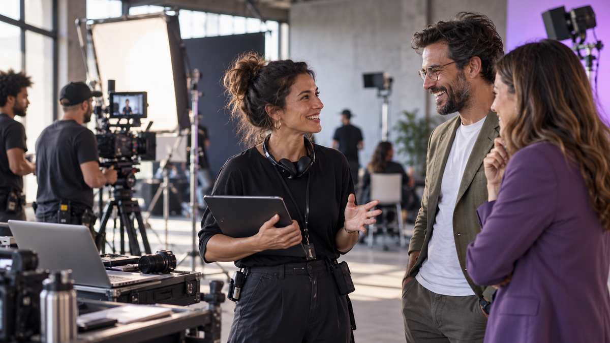Equipe profissional de produtoras audiovisuais conversando e organizando uma oportunidade comercial.
