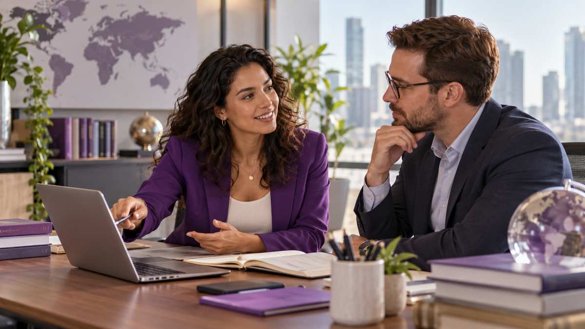 Equipe profissional de empresas de tradução e localização conversando e organizando uma oportunidade comercial.