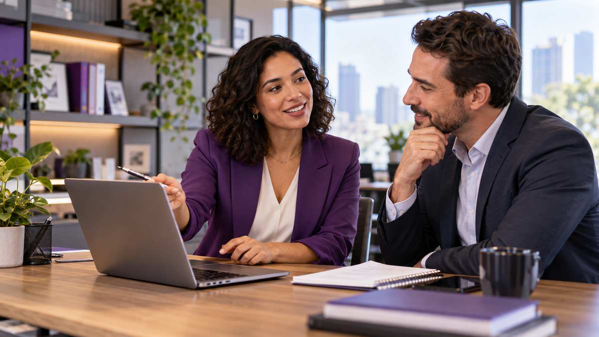 Equipe profissional de empresas de certificação profissional conversando e organizando uma oportunidade comercial.