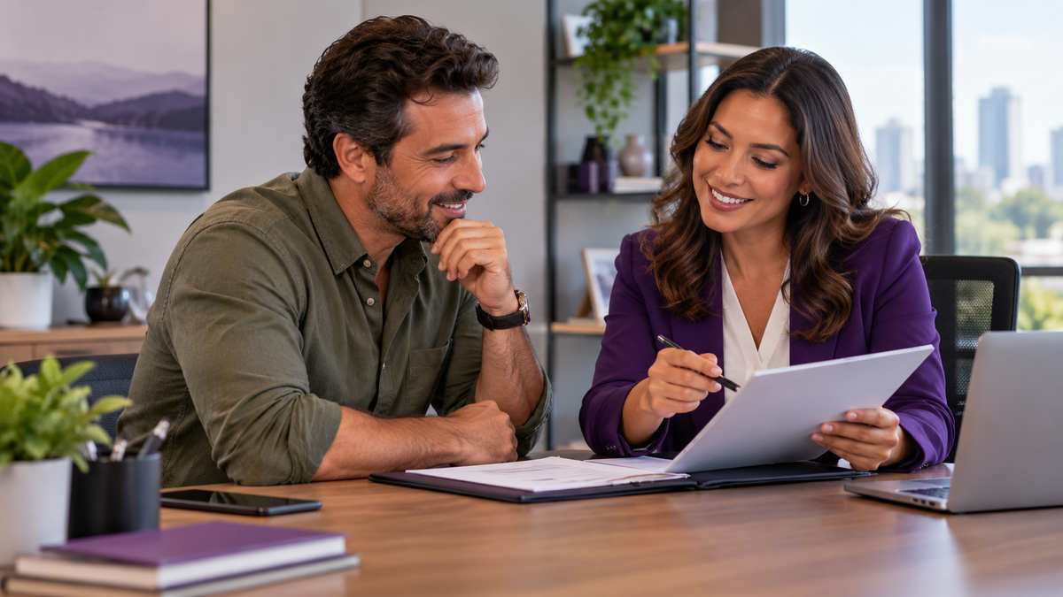 Equipe profissional de corretoras de seguros conversando e organizando uma oportunidade comercial.