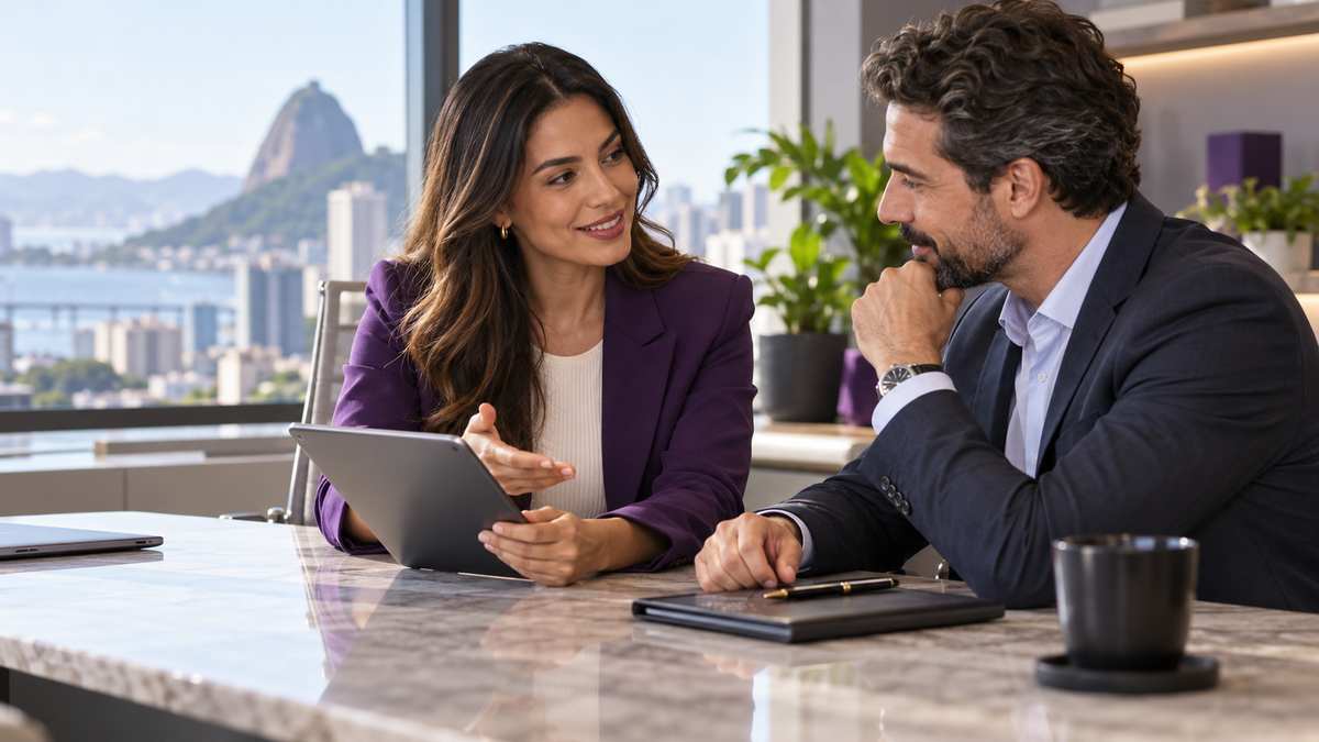 Equipe profissional de fintechs conversando e organizando uma oportunidade comercial.