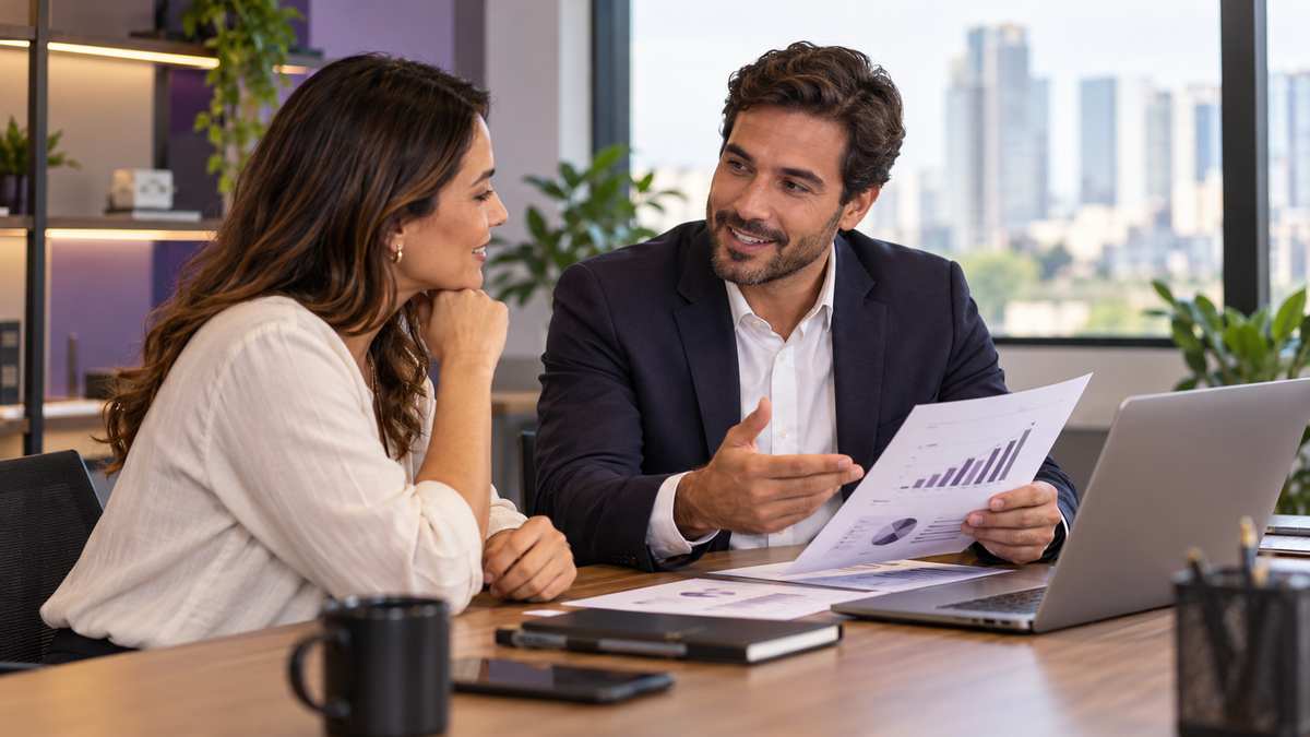 Equipe profissional de empresas de crédito e financiamento conversando e organizando uma oportunidade comercial.