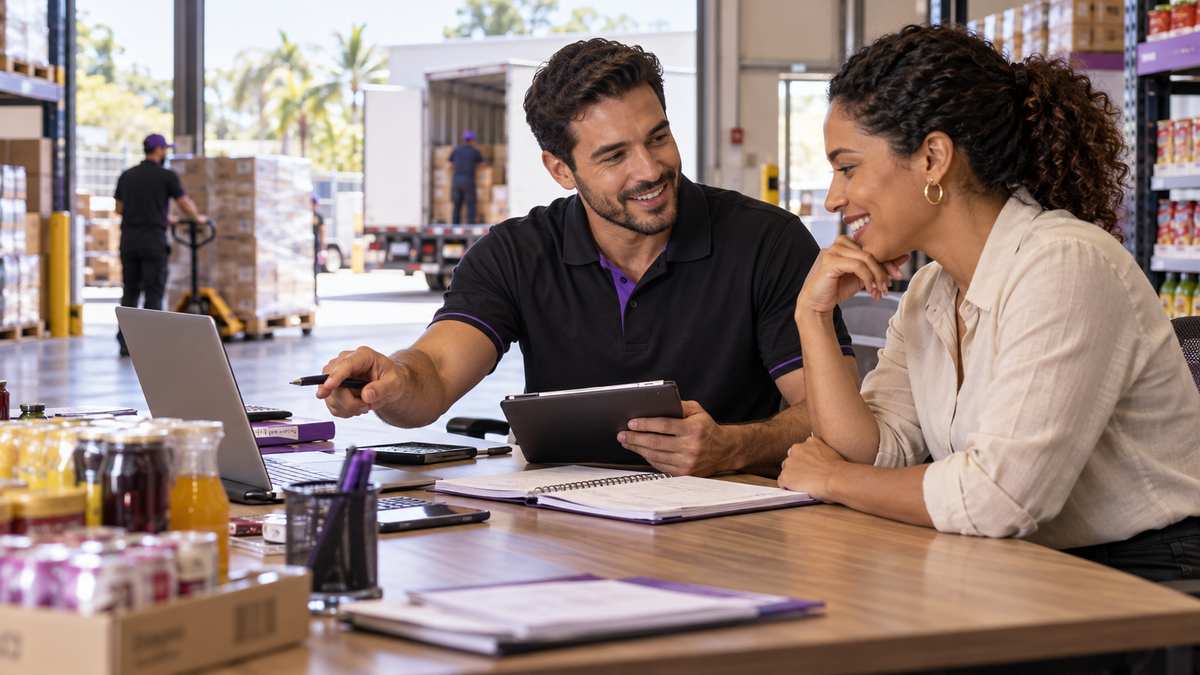 Equipe profissional de distribuidores atacadistas conversando e organizando uma oportunidade comercial.