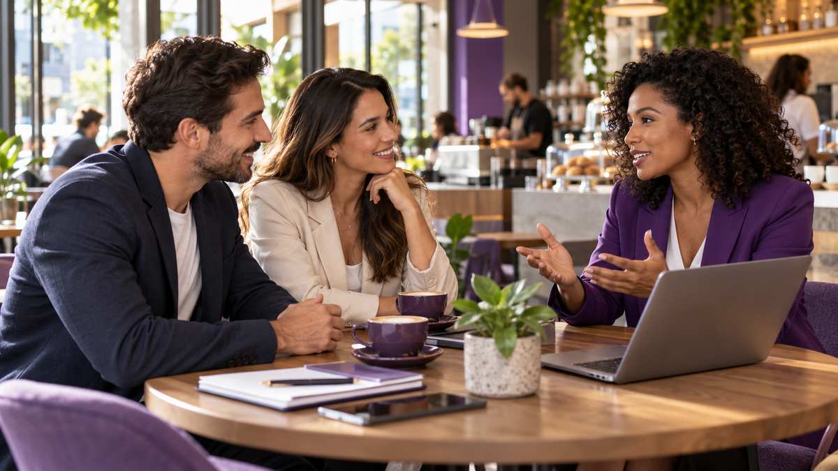 Equipe profissional de redes de franquias conversando e organizando uma oportunidade comercial.