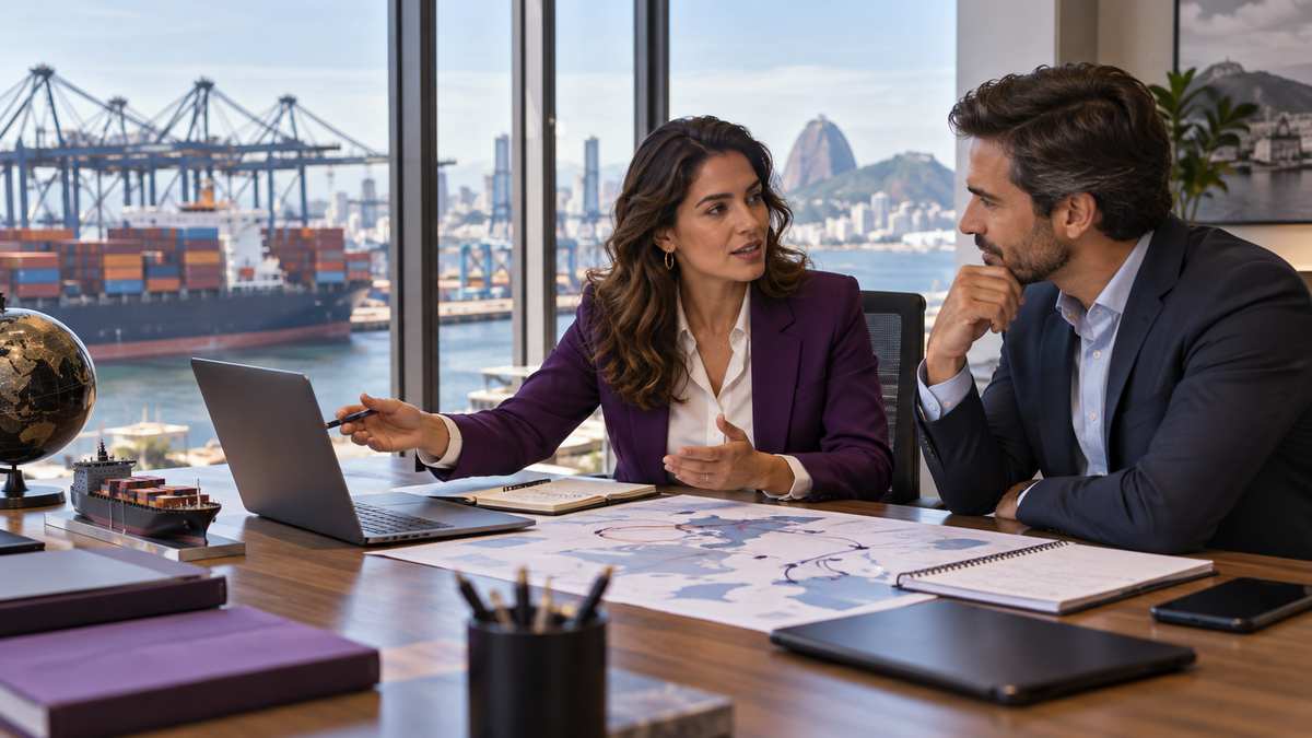 Equipe profissional de empresas de importação e exportação conversando e organizando uma oportunidade comercial.