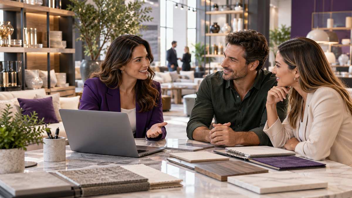 Equipe profissional de marketplaces B2B conversando e organizando uma oportunidade comercial.