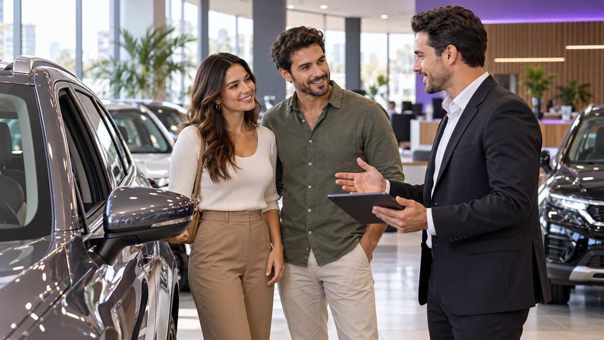 Equipe profissional de concessionárias automotivas conversando e organizando uma oportunidade comercial.