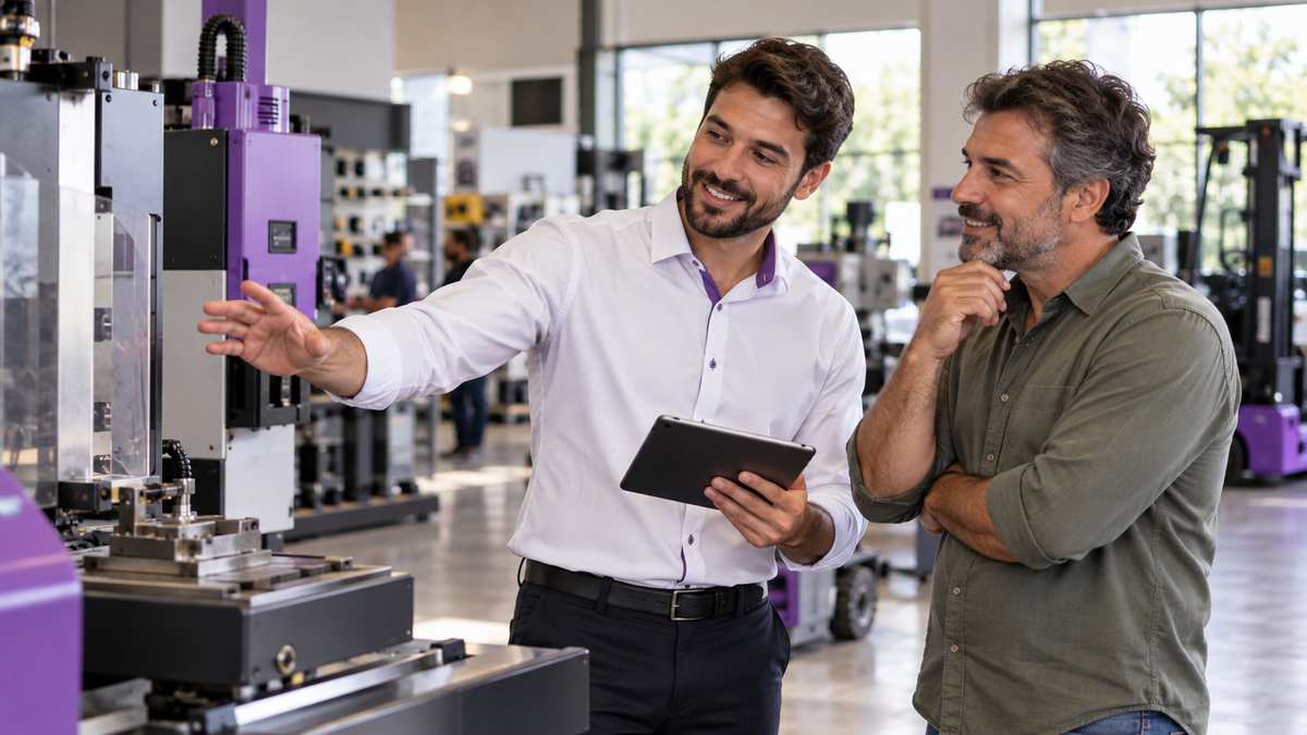 Equipe profissional de revendas de máquinas e equipamentos conversando e organizando uma oportunidade comercial.