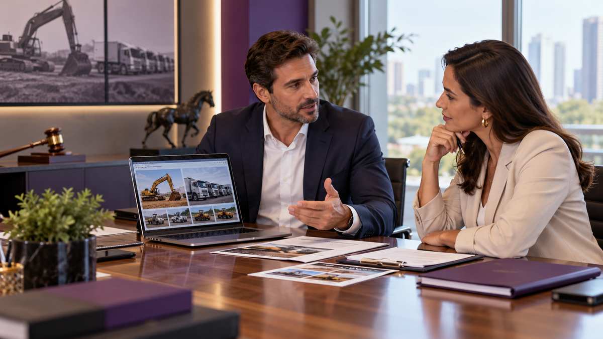 Equipe profissional de leiloeiras conversando e organizando uma oportunidade comercial.