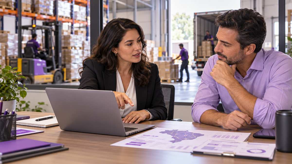 Equipe profissional de empresas de logística conversando e organizando uma oportunidade comercial.