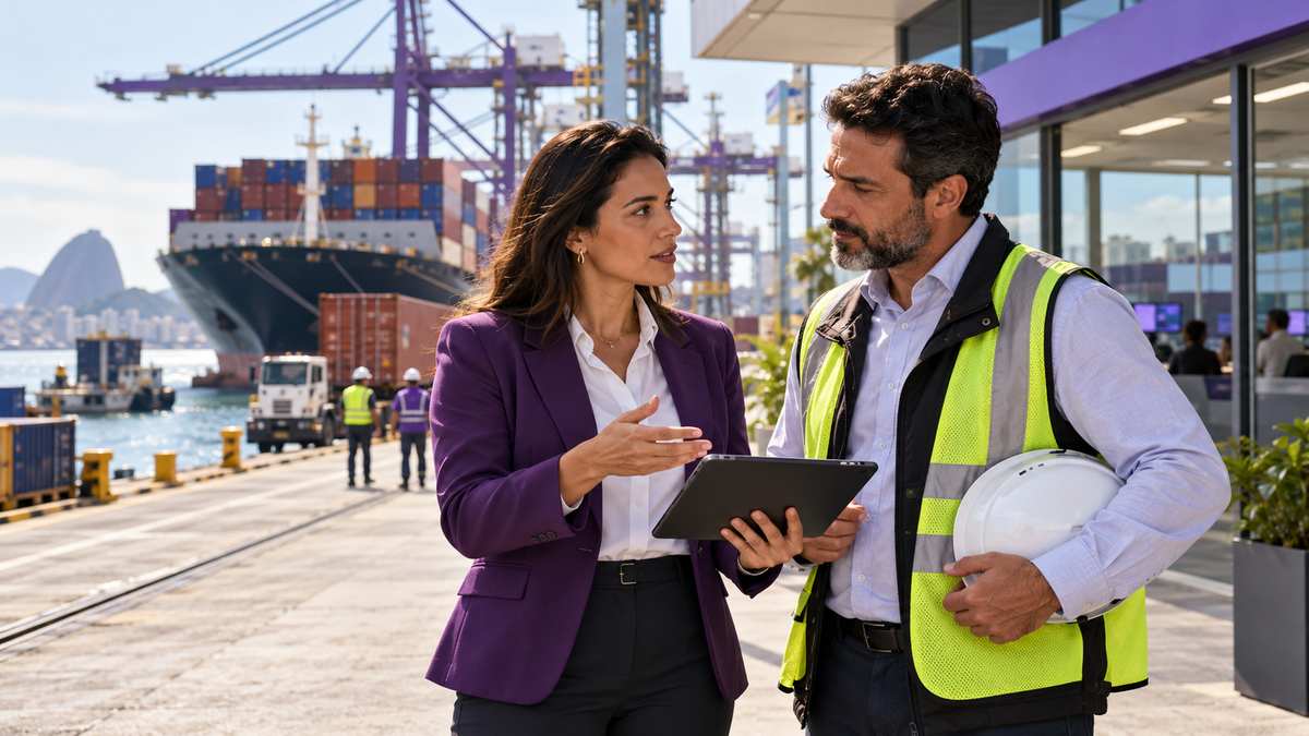 Equipe profissional de operadores portuários conversando e organizando uma oportunidade comercial.