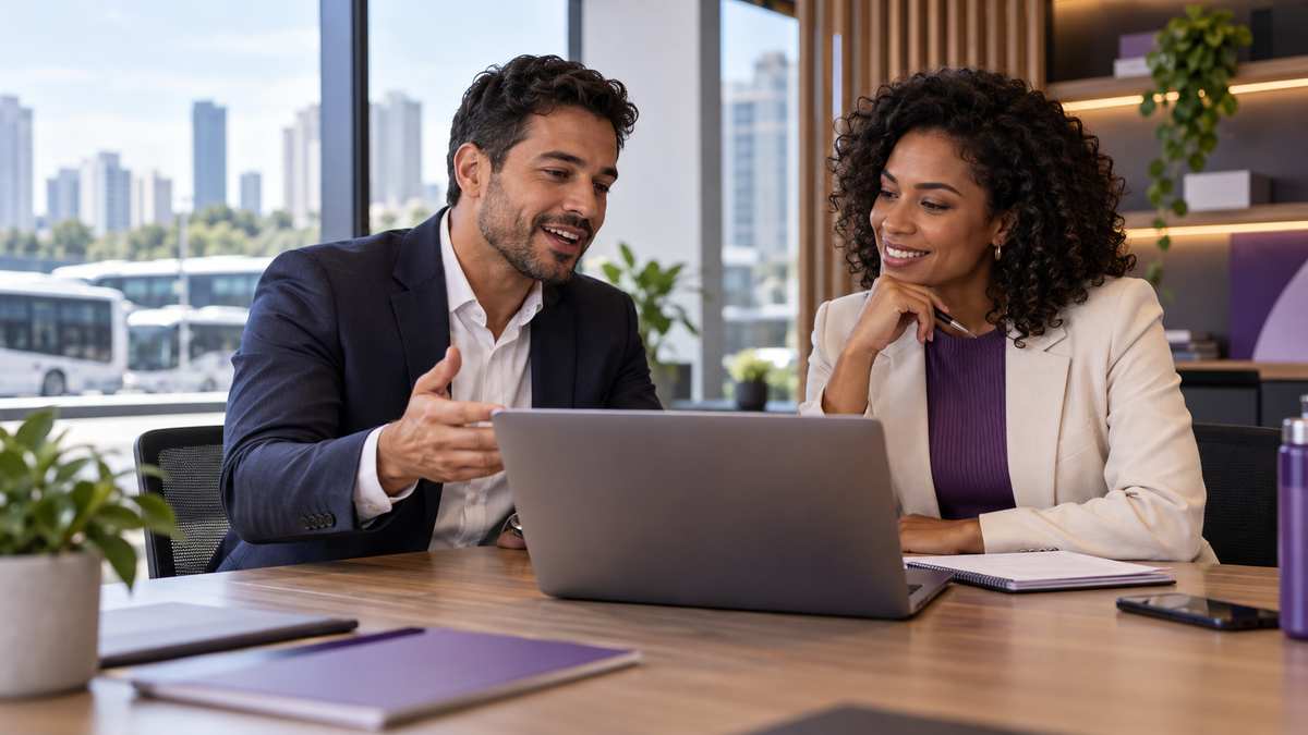 Equipe profissional de empresas de transporte de passageiros conversando e organizando uma oportunidade comercial.