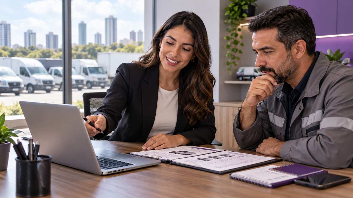 Equipe profissional de empresas de gestão de frotas conversando e organizando uma oportunidade comercial.