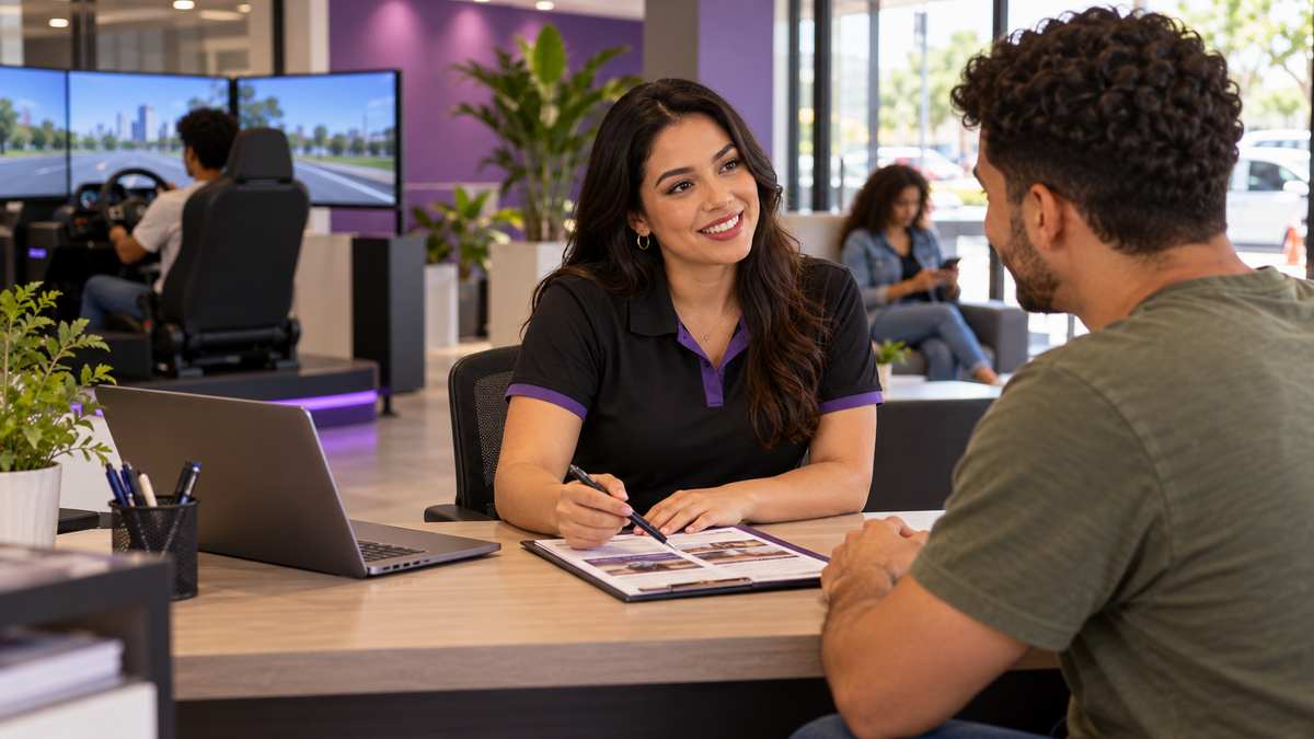 Equipe profissional de autoescolas conversando e organizando uma oportunidade comercial.
