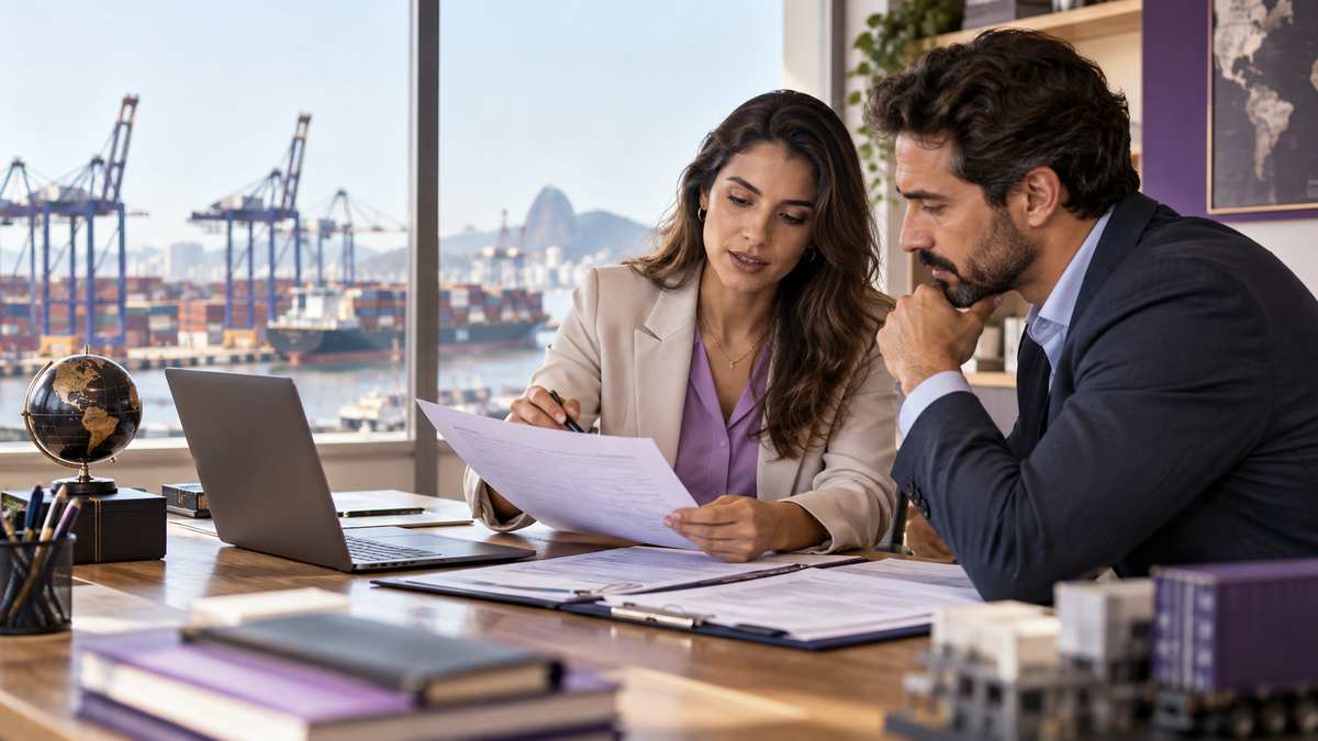 Equipe profissional de despachantes aduaneiros conversando e organizando uma oportunidade comercial.