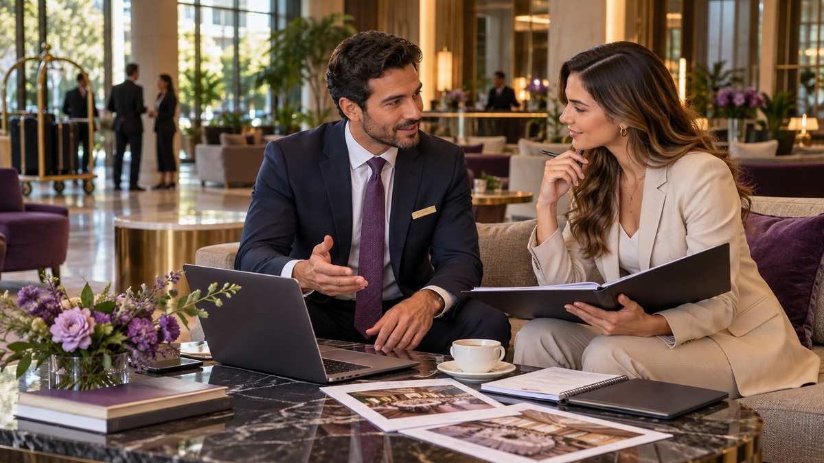 Equipe profissional de hotéis e pousadas conversando e organizando uma oportunidade comercial.