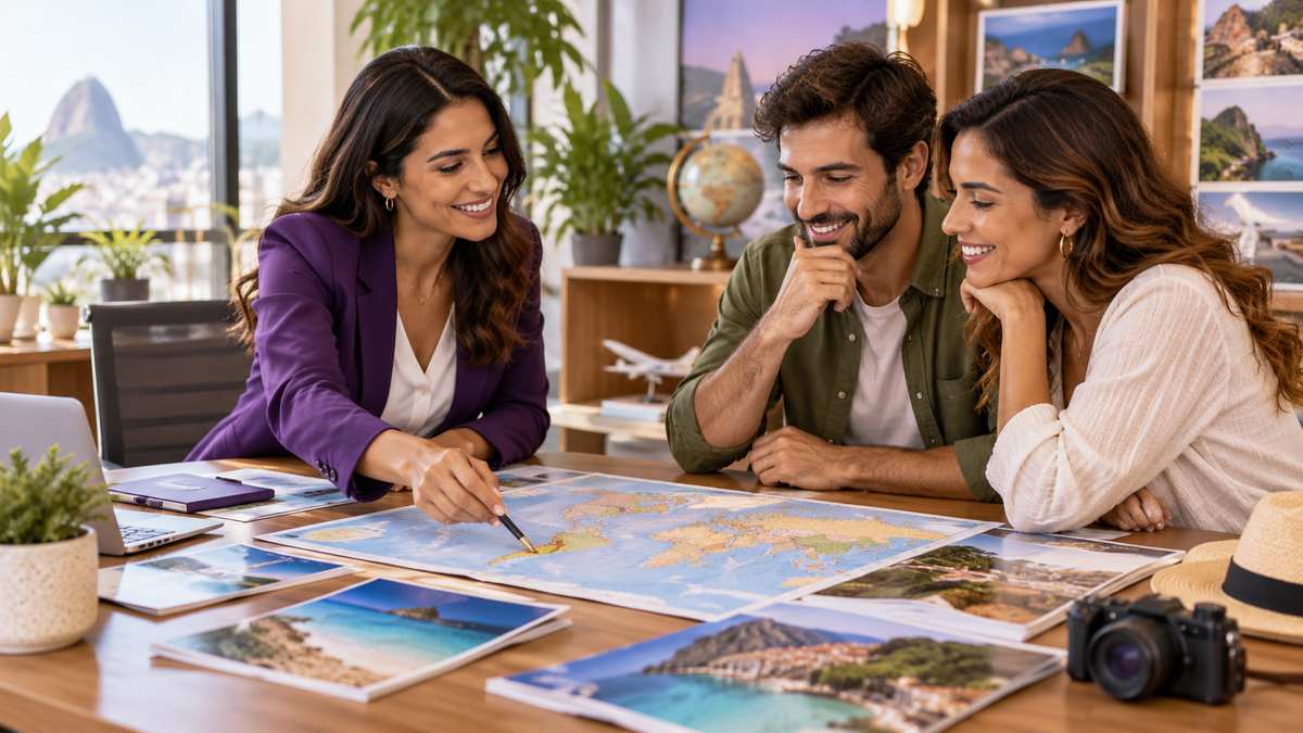 Equipe profissional de agências de viagens conversando e organizando uma oportunidade comercial.