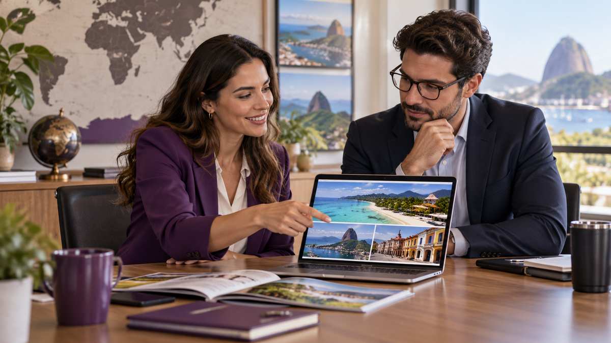 Equipe profissional de operadoras de turismo conversando e organizando uma oportunidade comercial.