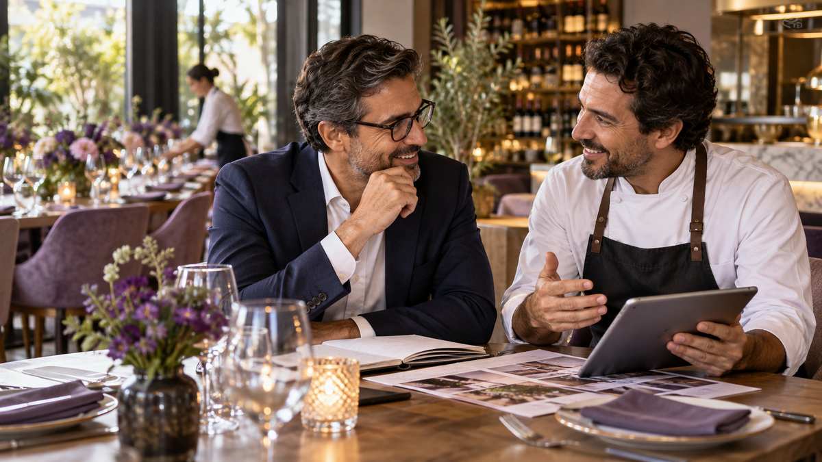 Equipe profissional de restaurantes conversando e organizando uma oportunidade comercial.