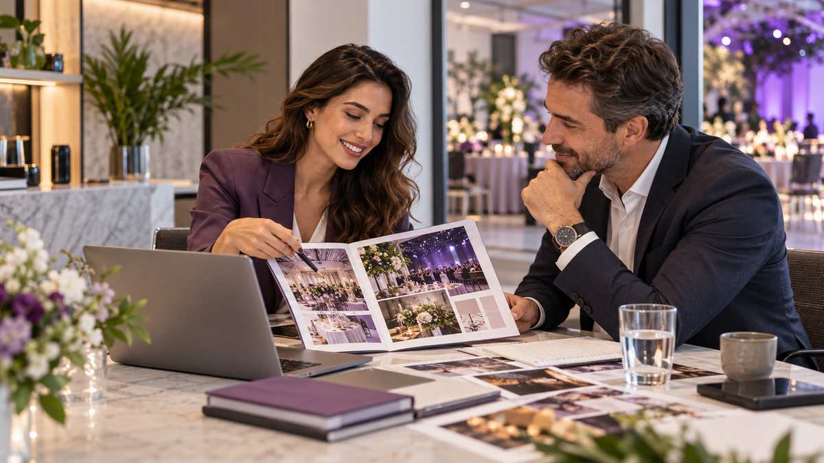 Equipe profissional de empresas organizadoras de eventos conversando e organizando uma oportunidade comercial.