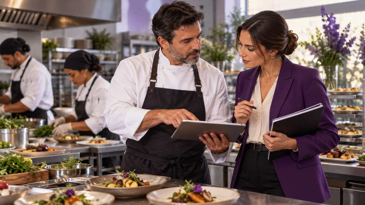Equipe profissional de buffets e empresas de catering conversando e organizando uma oportunidade comercial.