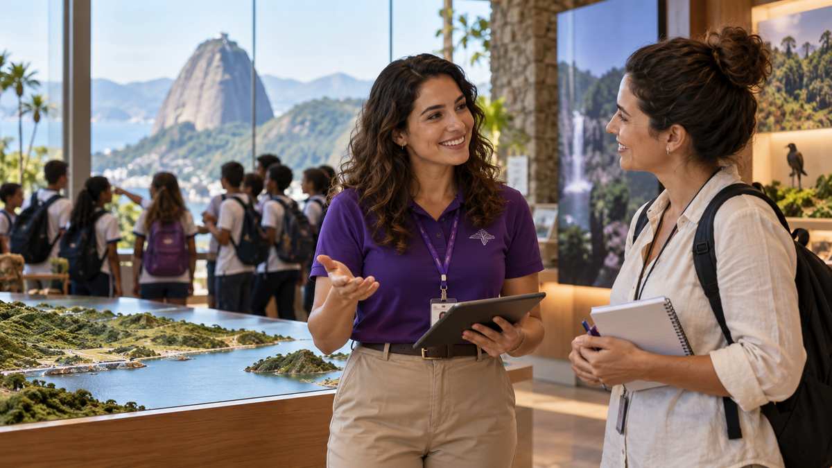 Equipe profissional de parques e atrações turísticas conversando e organizando uma oportunidade comercial.
