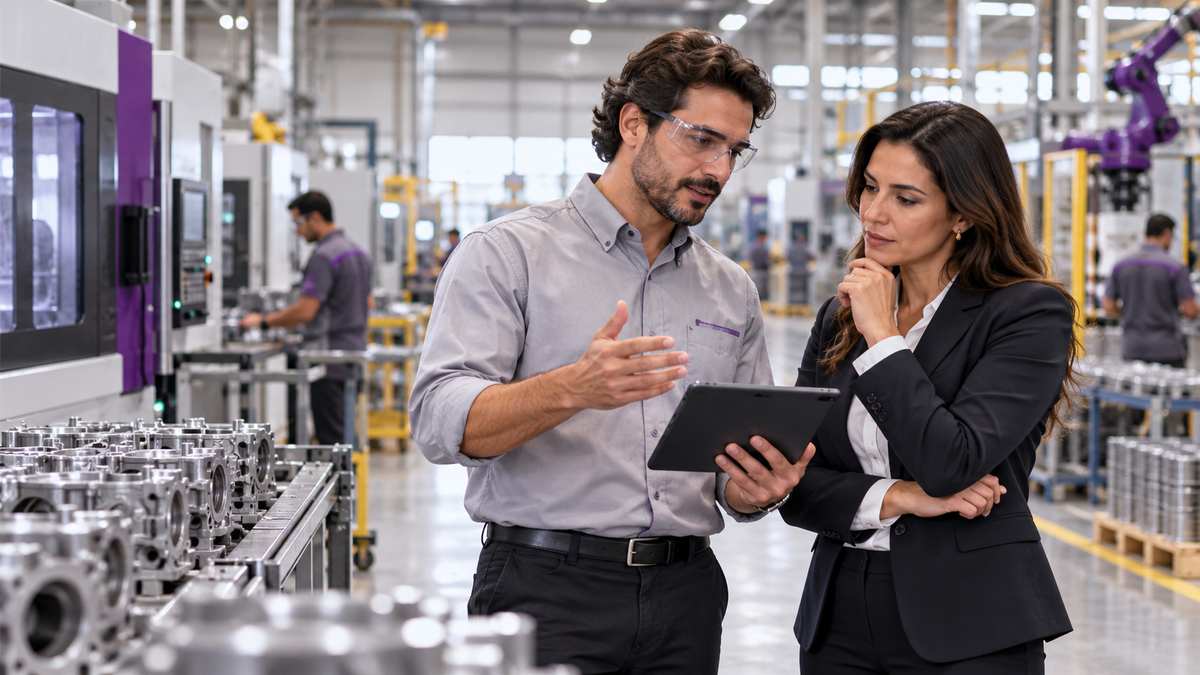 Equipe profissional de indústrias conversando e organizando uma oportunidade comercial.