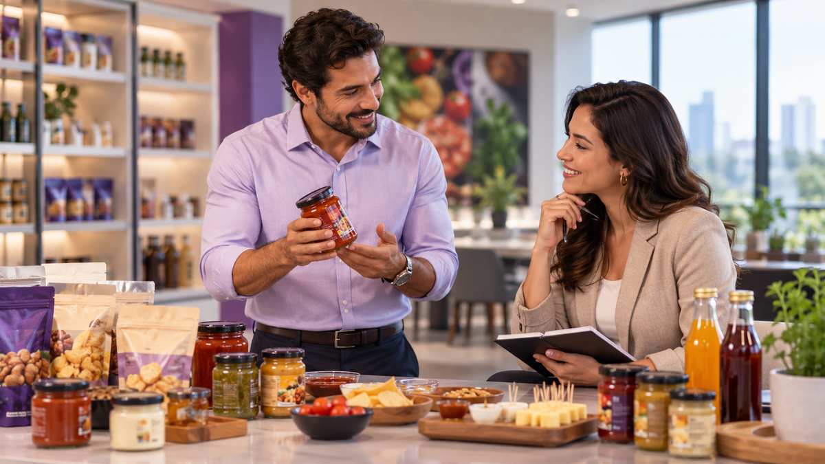 Equipe profissional de fabricantes de alimentos e bebidas conversando e organizando uma oportunidade comercial.